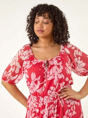 Roman Pink Curve Tropical Print Tie Neck Midi Dress - Image 4 of 5