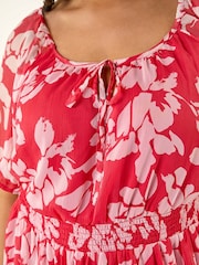 Roman Pink Curve Tropical Print Tie Neck Midi Dress - Image 5 of 5