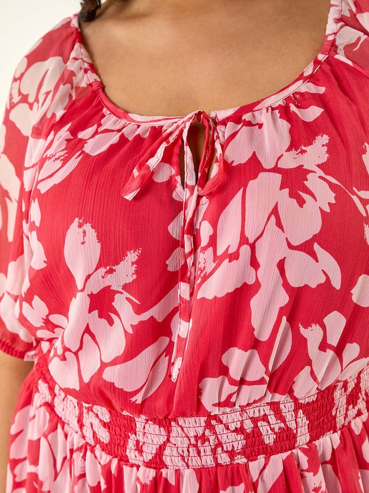 Roman Pink Curve Tropical Print Tie Neck Midi Dress - Image 5 of 5