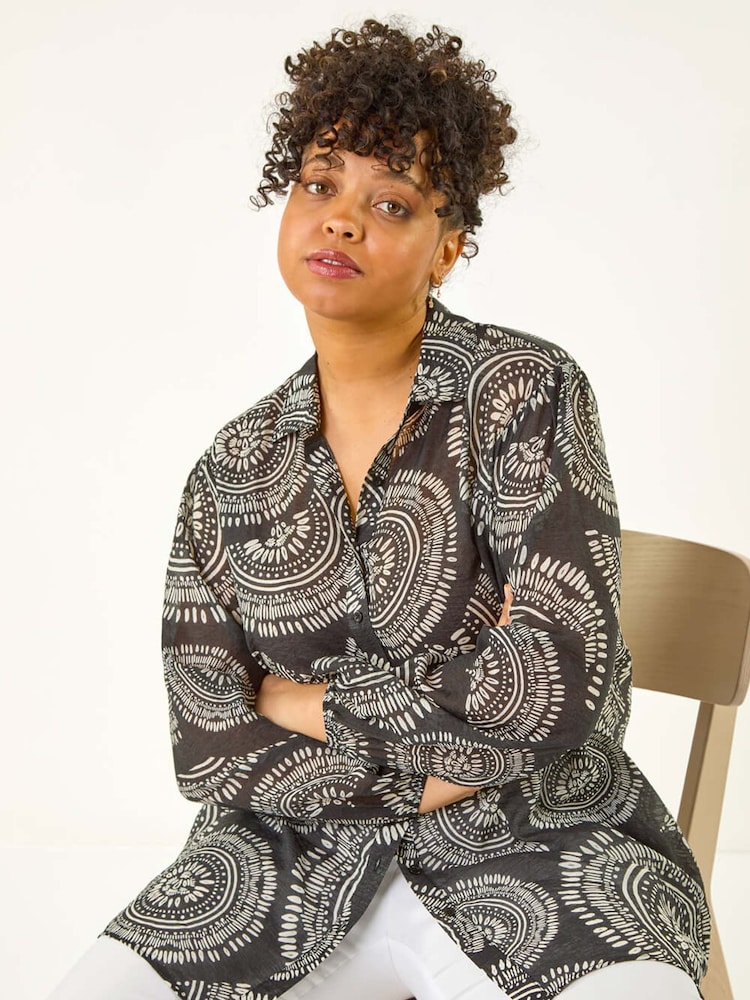 Roman Black Curve Abstract Print Woven Shirt - Image 1 of 5 Roman Black Curve Abstract Print Woven Shirt - Image 1 of 5