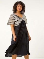 Roman Black Curve Crochet V-Neck Midi Dress - Image 1 of 5