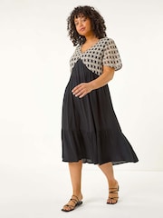 Roman Black Curve Crochet V-Neck Midi Dress - Image 2 of 5