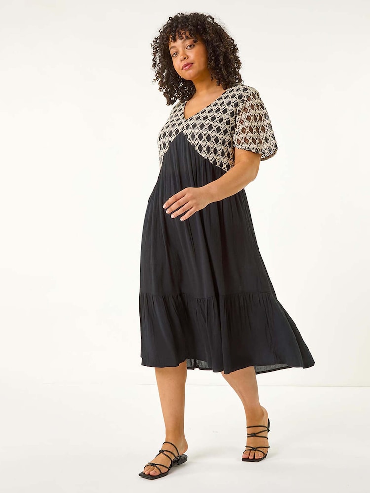 Roman Black Curve Crochet V-Neck Midi Dress - Image 2 of 5
