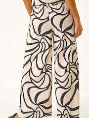 Roman Black Mono Floral Print Palm Wide Leg Trousers - Image 3 of 5