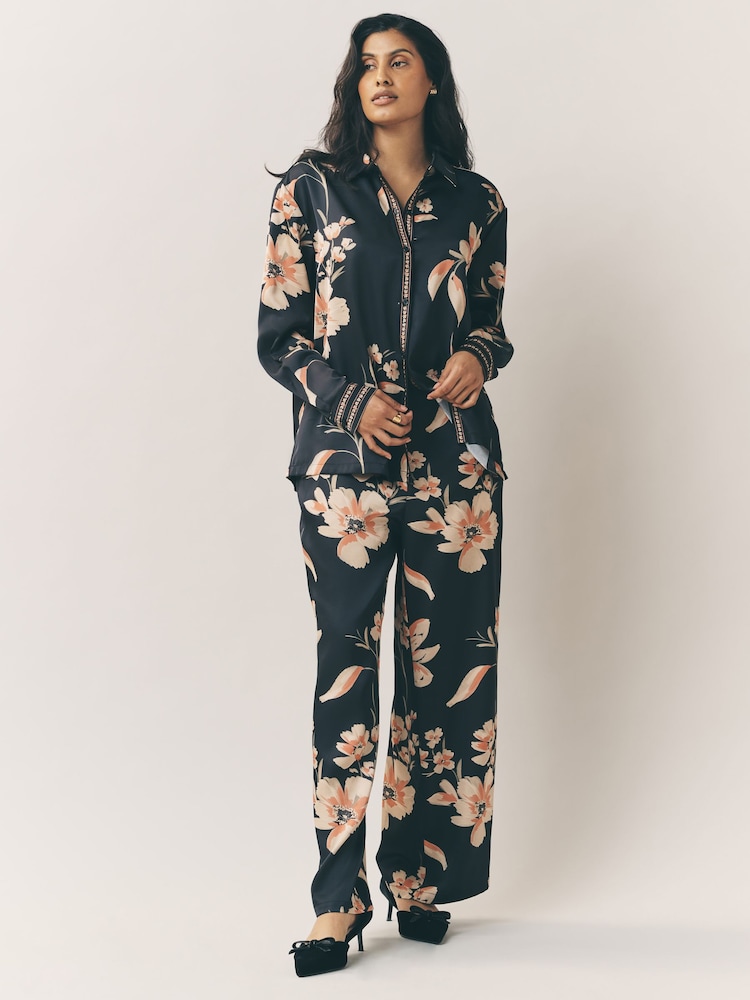 Laura Ashley Black/Red Long Sleeve Floral Satin Co-Ord Blouse - Image 2 of 5