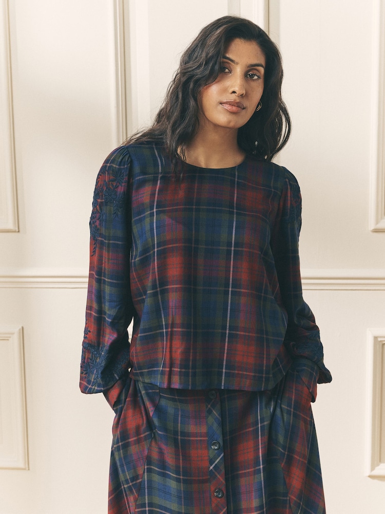 Laura Ashley Red/Green Check Co-ord Blouse with Embroidery - Image 1 of 5 Laura Ashley Red/Green Check Co-ord Blouse with Embroidery - Image 1 of 5