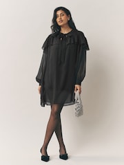 Laura Ashley Brown Bitter Chocolate Mini Ruffle Pussybow Chiffon Dress - Image 2 of 5