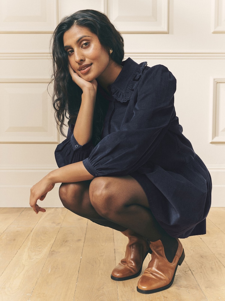 Laura Ashley Navy Cord Long Sleeve Mini Dress - Image 2 of 9