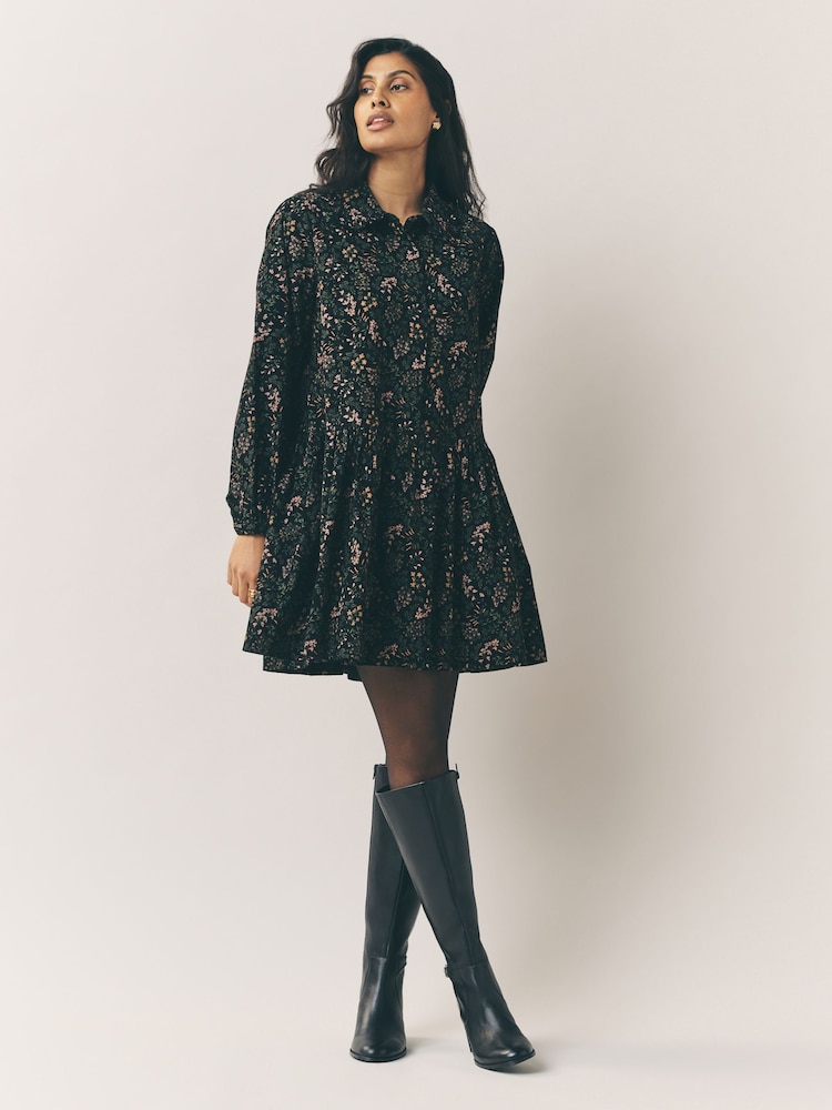 Laura Ashley Chocolate Brown Ditsy Floral Cord Dropped Waist Mini Dress - Image 1 of 4