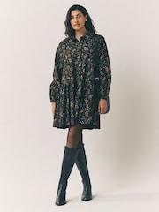Laura Ashley Chocolate Brown Ditsy Floral Cord Dropped Waist Mini Dress - Image 2 of 4