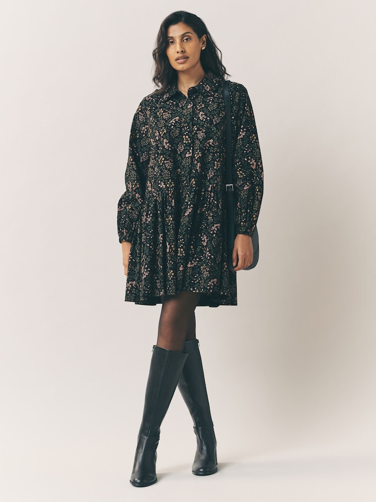 Laura Ashley Chocolate Brown Ditsy Floral Cord Dropped Waist Mini Dress - Image 2 of 4