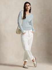 Polo Ralph Lauren Blue Cable Knit Cotton V-Neck Sweater - Image 3 of 4
