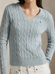 Polo Ralph Lauren Blue Cable Knit Cotton V-Neck Sweater - Image 4 of 4