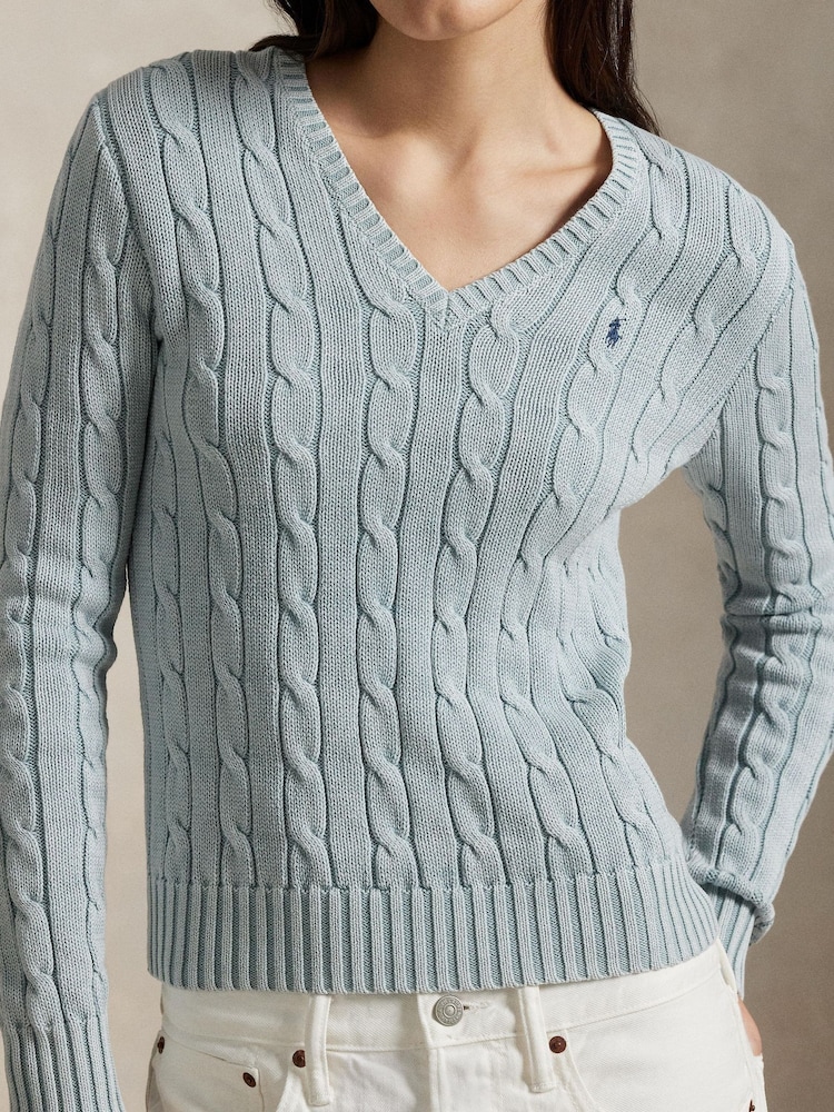Polo Ralph Lauren Blue Cable Knit Cotton V-Neck Sweater - Image 4 of 4