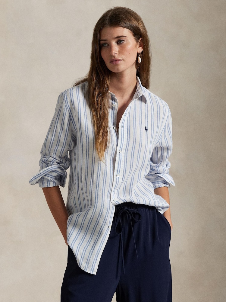 Polo Ralph Lauren Blue Classic Fit Striped 100% Linen Shirt - Image 1 of 5
