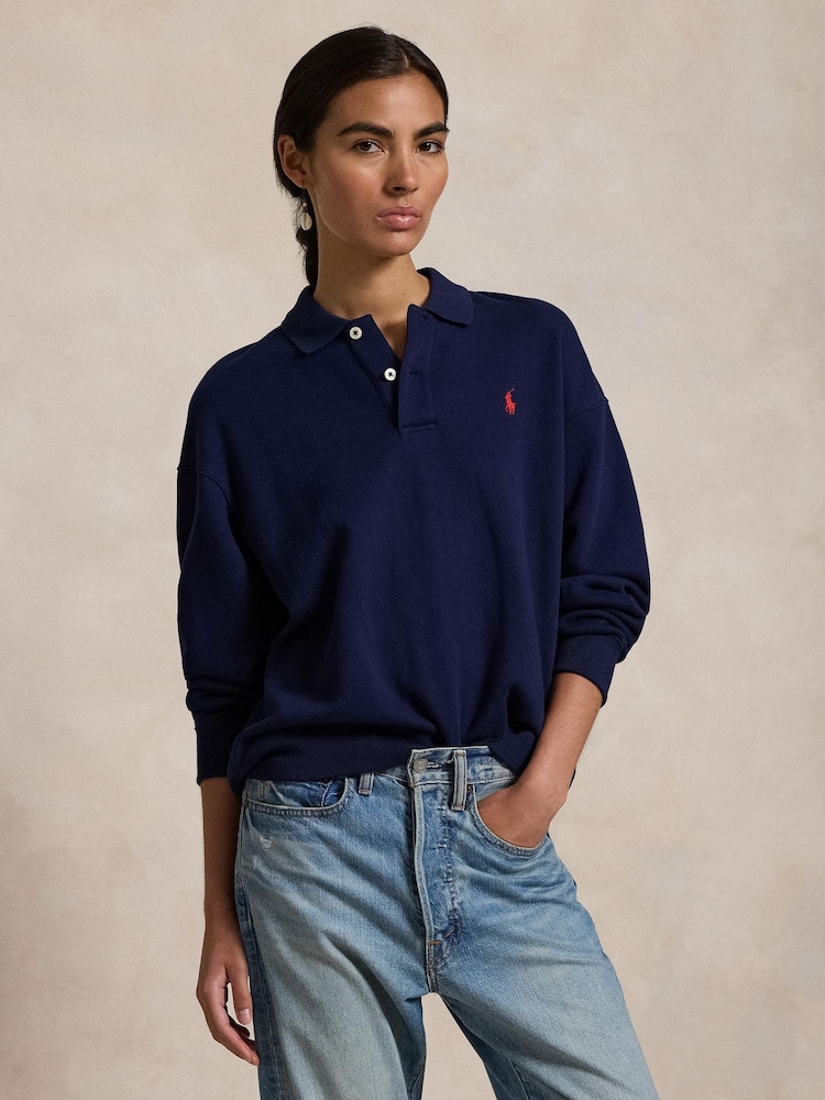 Polo Ralph Lauren Blue Polo Collar Fleece Pullover Jumper - Image 1 of 5 Polo Ralph Lauren Blue Polo Collar Fleece Pullover Jumper - Image 1 of 5