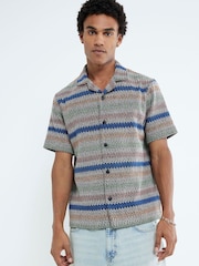 River Island Grey Crochet Stripe Revere Shirt - Image 1 of 4