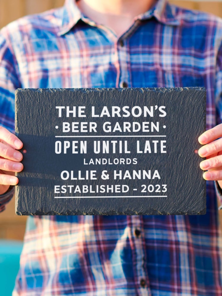 Personalised Beer Garden Slate Sign by Oakdene - Image 1 of 2 Personalised Beer Garden Slate Sign by Oakdene - Image 1 of 2