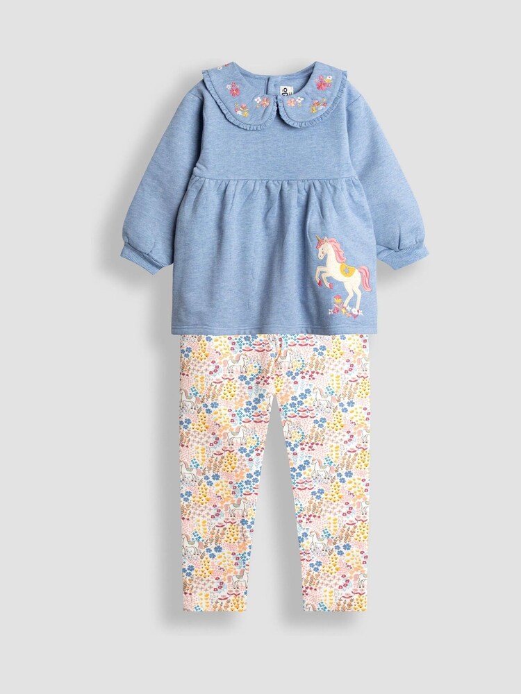 JoJo Maman Bébé Blue Unicorn Sweat Dress And Legging Set - Image 1 of 7