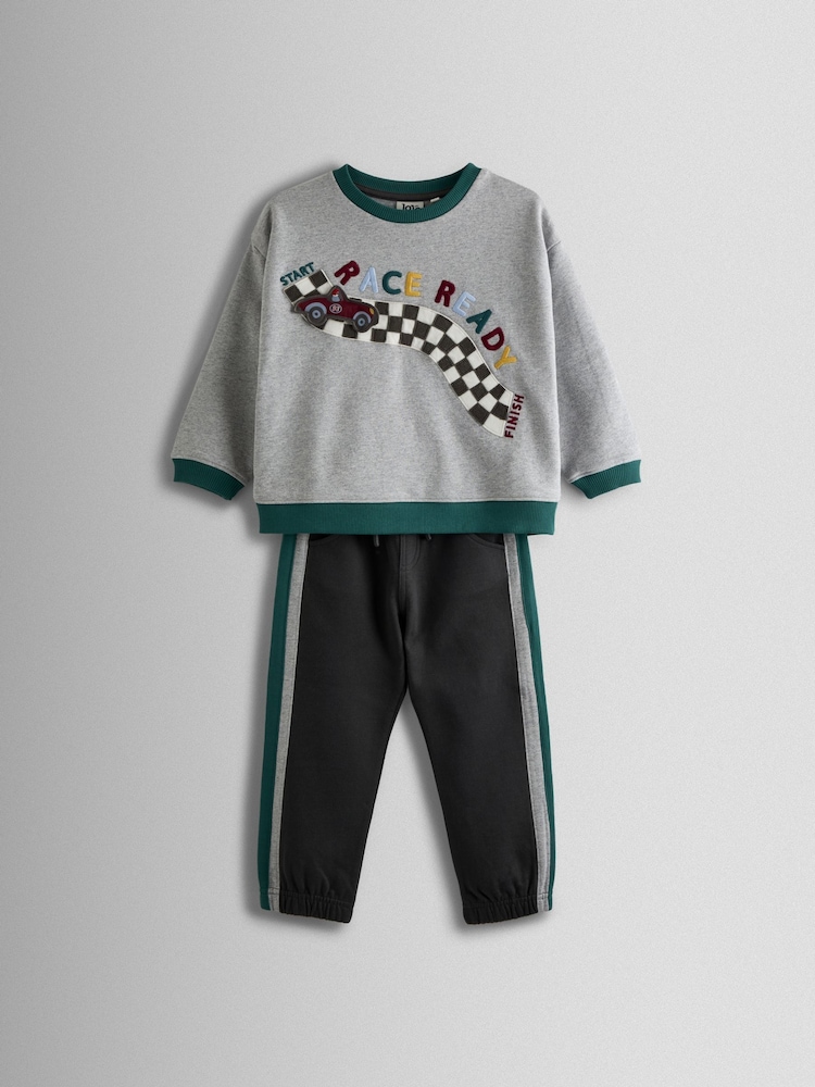 JoJo Maman Bébé Grey Race Track 2-Piece Drop Shoulder Sweatshirt & Joggers Set - Image 1 of 6 JoJo Maman Bébé Grey Race Track 2-Piece Drop Shoulder Sweatshirt & Joggers Set - Image 1 of 6