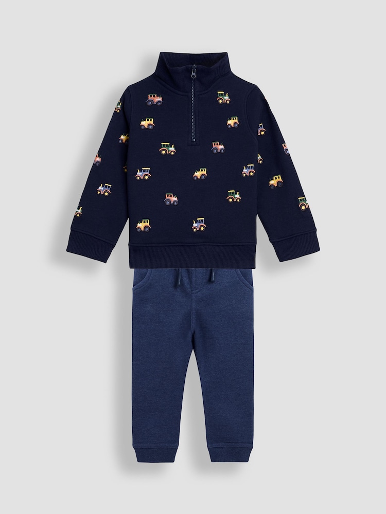 JoJo Maman Bébé Navy Blue Tractor 2-Piece Embroidered Half Zip & Joggers Set - Image 1 of 7
