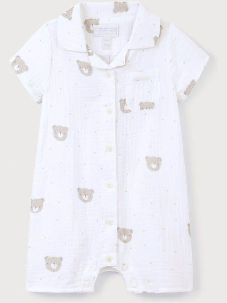 The White Company Crinkle 100% Cotton Bear White Sleepsuit - Image 1 of 1
