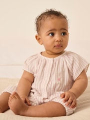 The White Company Pink Crinkle 100% Cotton Stripe Heart Embroidered Rompersuit - Image 1 of 5