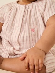 The White Company Pink Crinkle 100% Cotton Stripe Heart Embroidered Rompersuit - Image 2 of 5