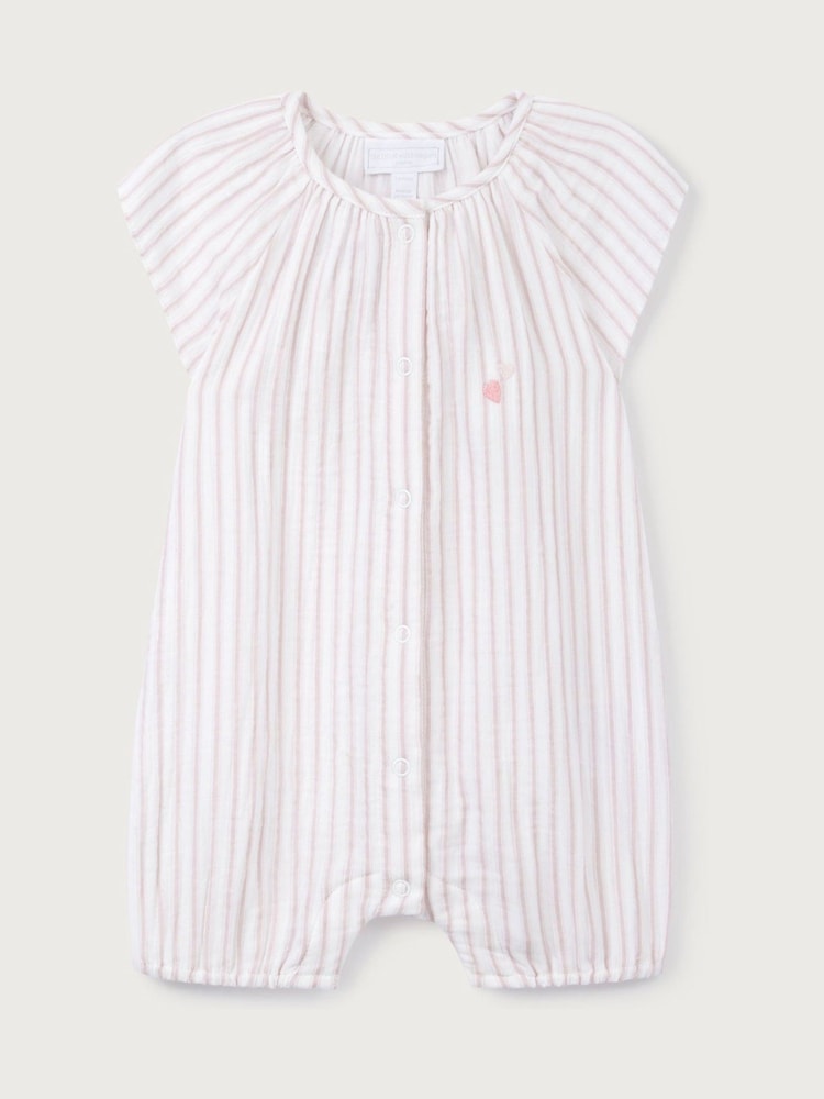 The White Company Pink Crinkle 100% Cotton Stripe Heart Embroidered Rompersuit - Image 5 of 5