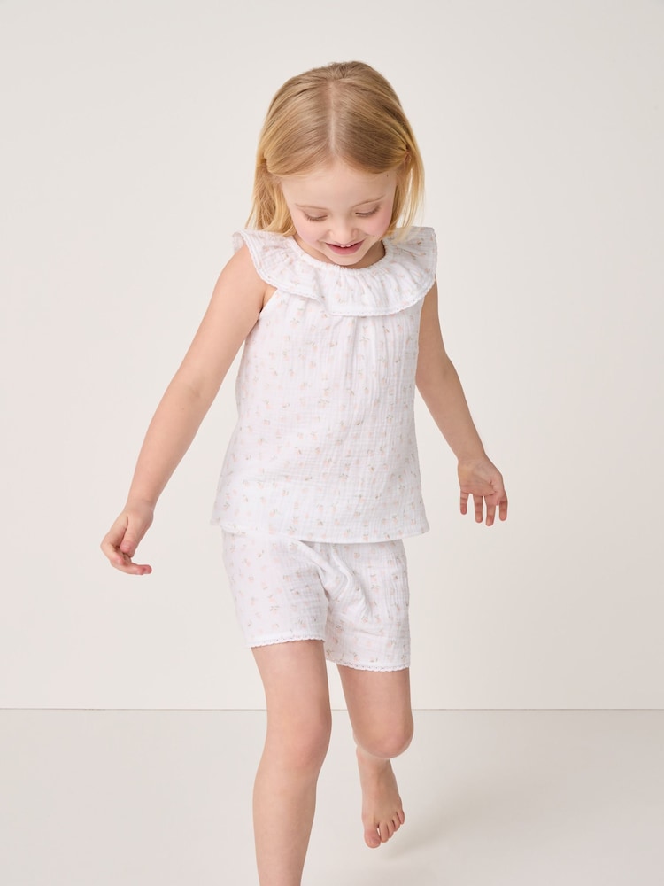The White Company Relaxed Fit Double 100% Cotton Peach Frill Short White Pyjamas - Image 1 of 5