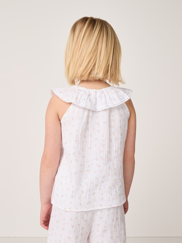 The White Company Relaxed Fit Double 100% Cotton Peach Frill Short White Pyjamas - Image 2 of 5