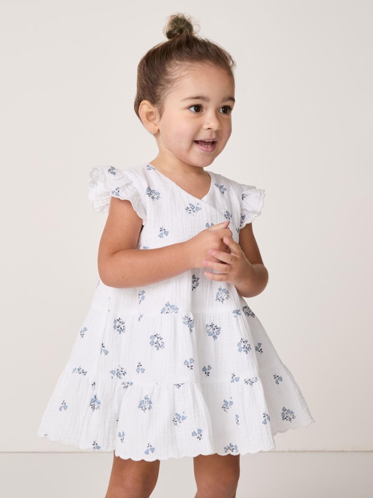 The White Company Crinkle 100% Cotton Elodie Floral Wrap Tiered White Dress - Image 1 of 9