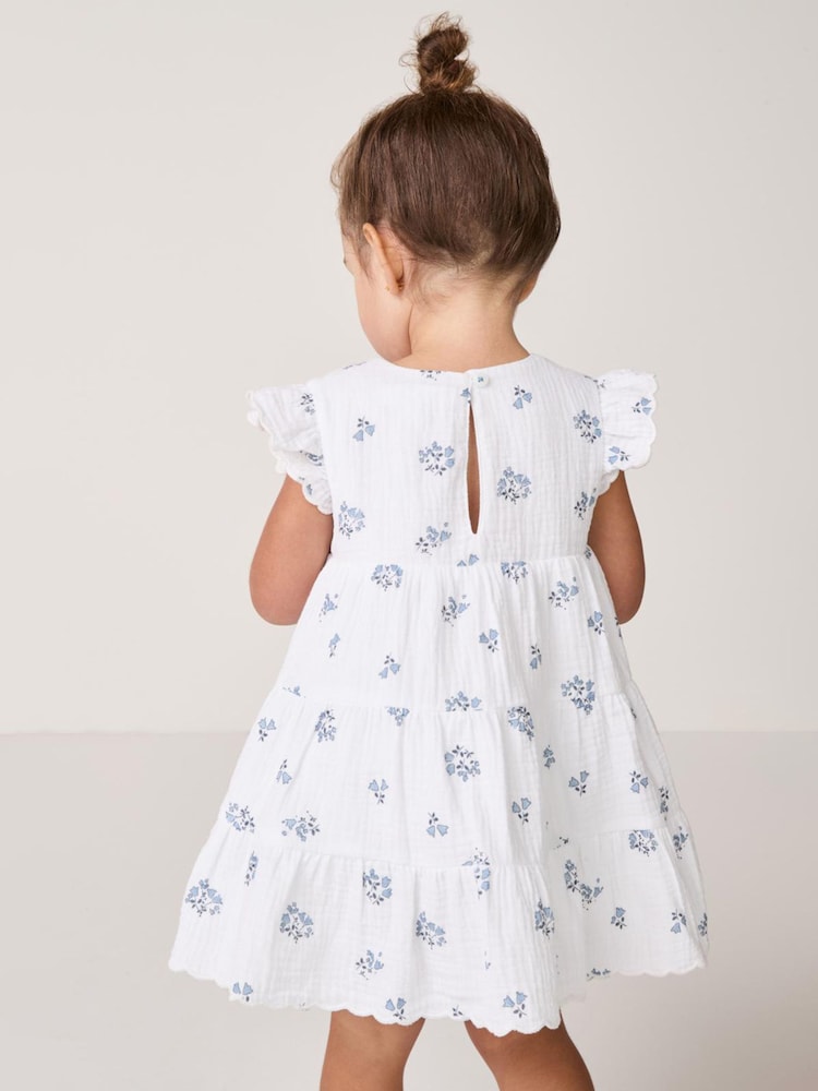The White Company Crinkle 100% Cotton Elodie Floral Wrap Tiered White Dress - Image 2 of 9