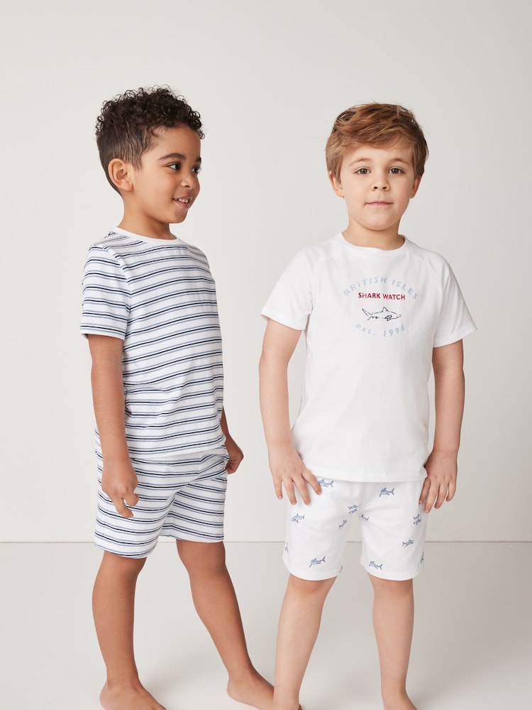 The White Company Relaxed Fit 100% Cotton Shark and Stripe White Pyjamas Set Of 2 - Image 1 of 6