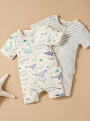 Purebaby Blue Turtle Print Short Sleeve 100% Cotton Sleepsuits 2 Pack - Image 1 of 5