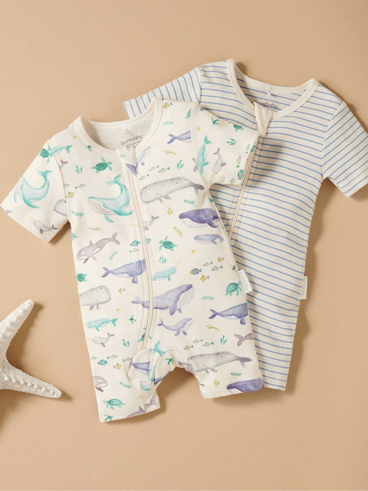 Purebaby Blue Turtle Print Short Sleeve 100% Cotton Sleepsuits 2 Pack - Image 1 of 5