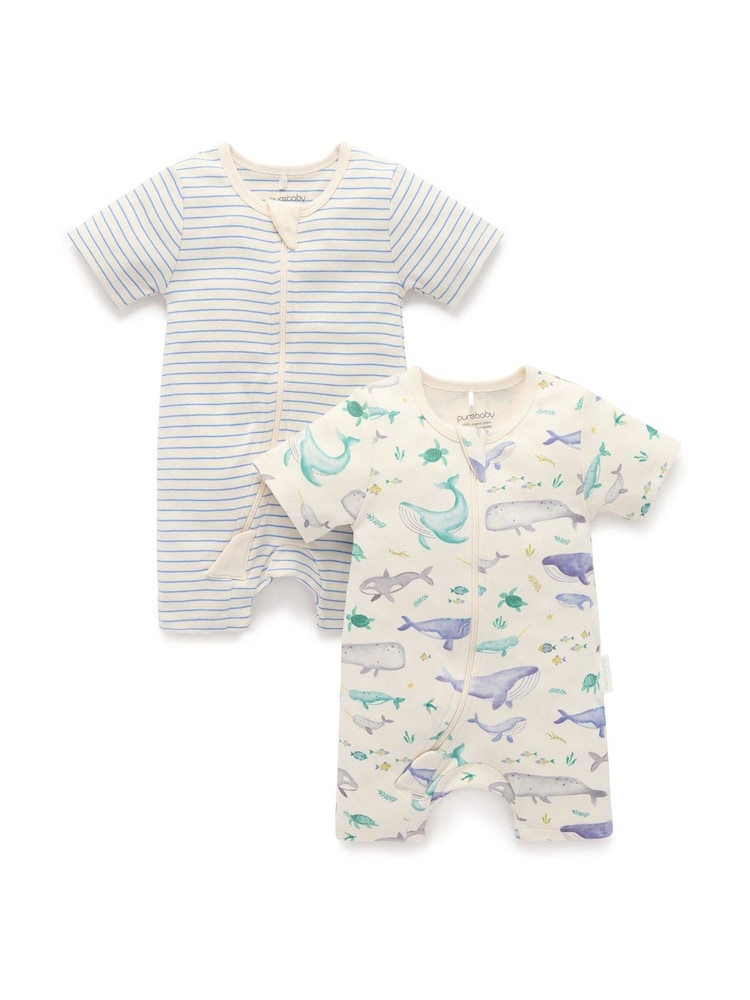 Purebaby Blue Turtle Print Short Sleeve 100% Cotton Sleepsuits 2 Pack - Image 2 of 5