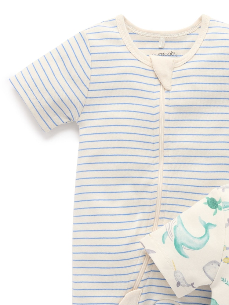 Purebaby Blue Turtle Print Short Sleeve 100% Cotton Sleepsuits 2 Pack - Image 3 of 5