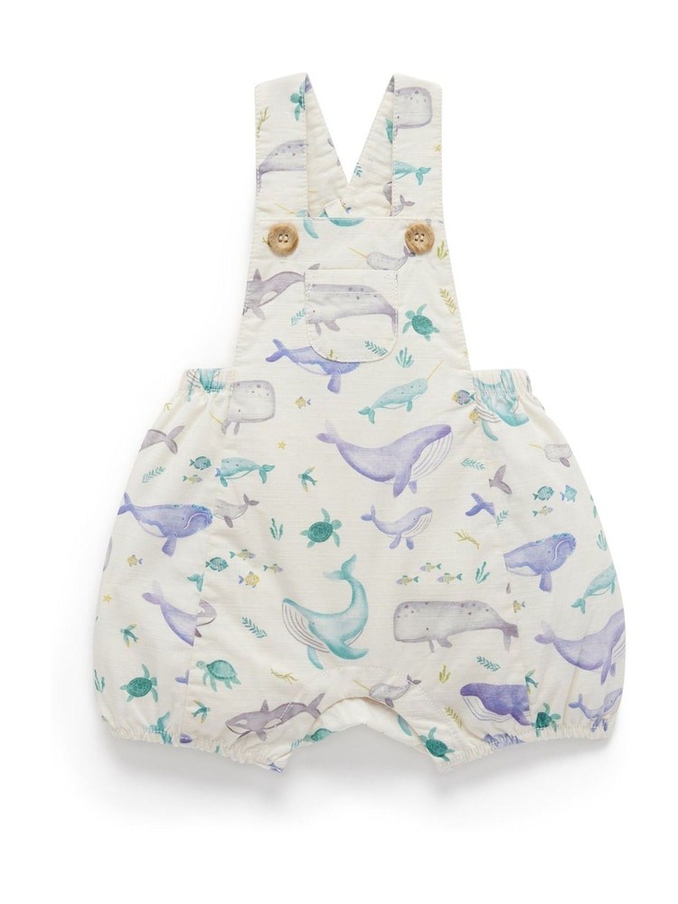 Purebaby Blue Whale Print Short Leg 100% Cotton Dungarees - Image 1 of 6