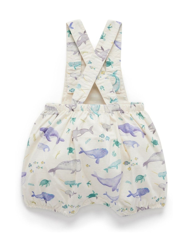 Purebaby Blue Whale Print Short Leg 100% Cotton Dungarees - Image 2 of 6