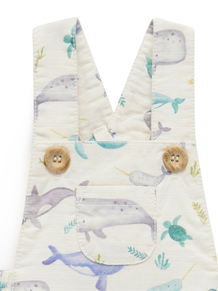 Purebaby Blue Whale Print Short Leg 100% Cotton Dungarees - Image 3 of 6