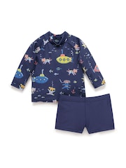 Purebaby Blue Submarine Long Sleeve Rashie Shorts Set - Image 1 of 5