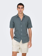 Only & Sons Grey Slim Fit Short Sleeve Linen Blend Shirt - Image 2 of 7
