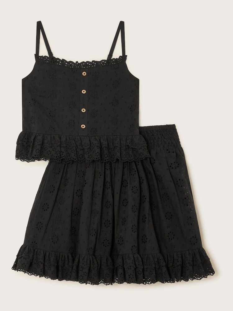 Monsoon Black Floral Broderie Cami 100% Cotton Top and Skirt Set - Image 1 of 3
