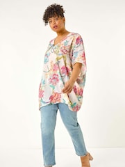 Roman Pink Curve Floral Cocoon Woven Blouse - Image 1 of 5