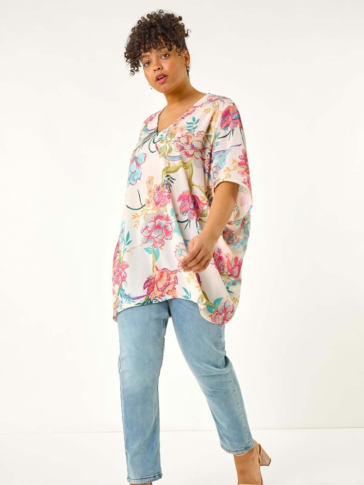 Roman Pink Curve Floral Cocoon Woven Blouse - Image 1 of 5 Roman Pink Curve Floral Cocoon Woven Blouse - Image 1 of 5