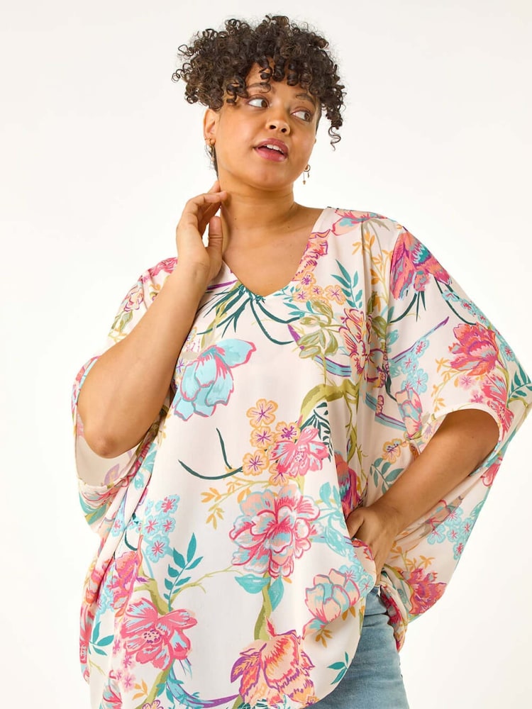 Roman Pink Curve Floral Cocoon Woven Blouse - Image 5 of 5
