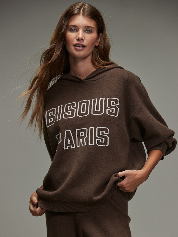 Chocolate Brown Compact Cosy Graphic Long Sleeve Hoodie - Image 1 of 8