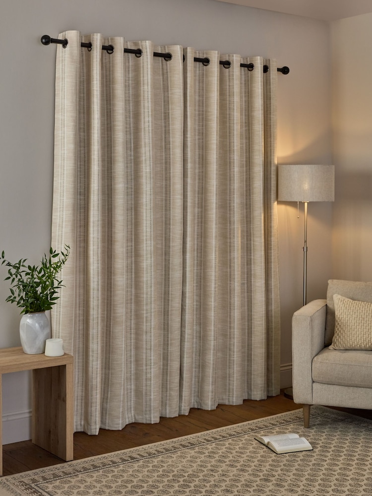 Natural Thatched Linen Look Stripe Blackout/Thermal Eyelet Curtains - Image 2 of 7