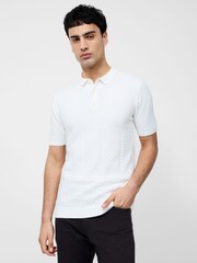 French Connection Natural 100% Cotton Textured Vertical Stripe Short Sleeve Button Polo Top - Image 1 of 5
